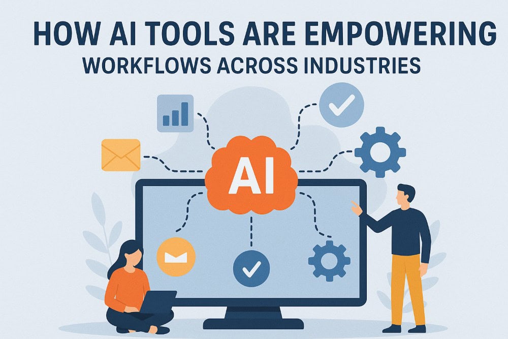 Illustration of a large monitor displaying an AI icon with workflow symbols connected to it